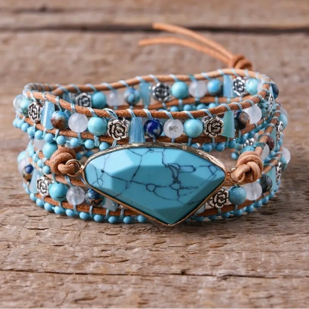 Turquoise and Brown Leather Wrap Bracelet